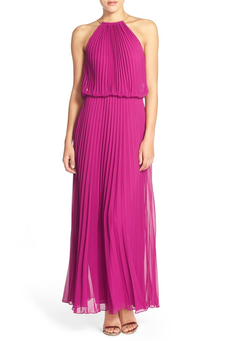 Xscape Pleated Chiffon Blouson Dress, Main, color, MAGENTA