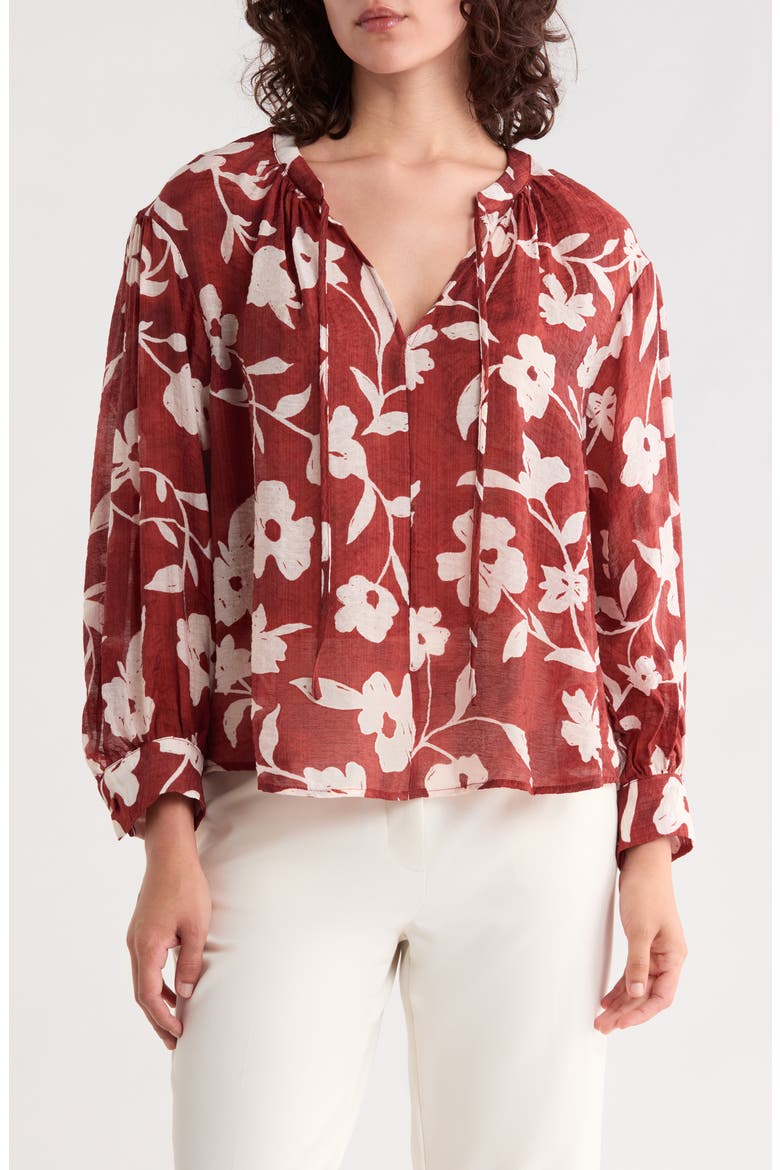 Tie Front Floral Top, Main, color, RUSSET BROWN
