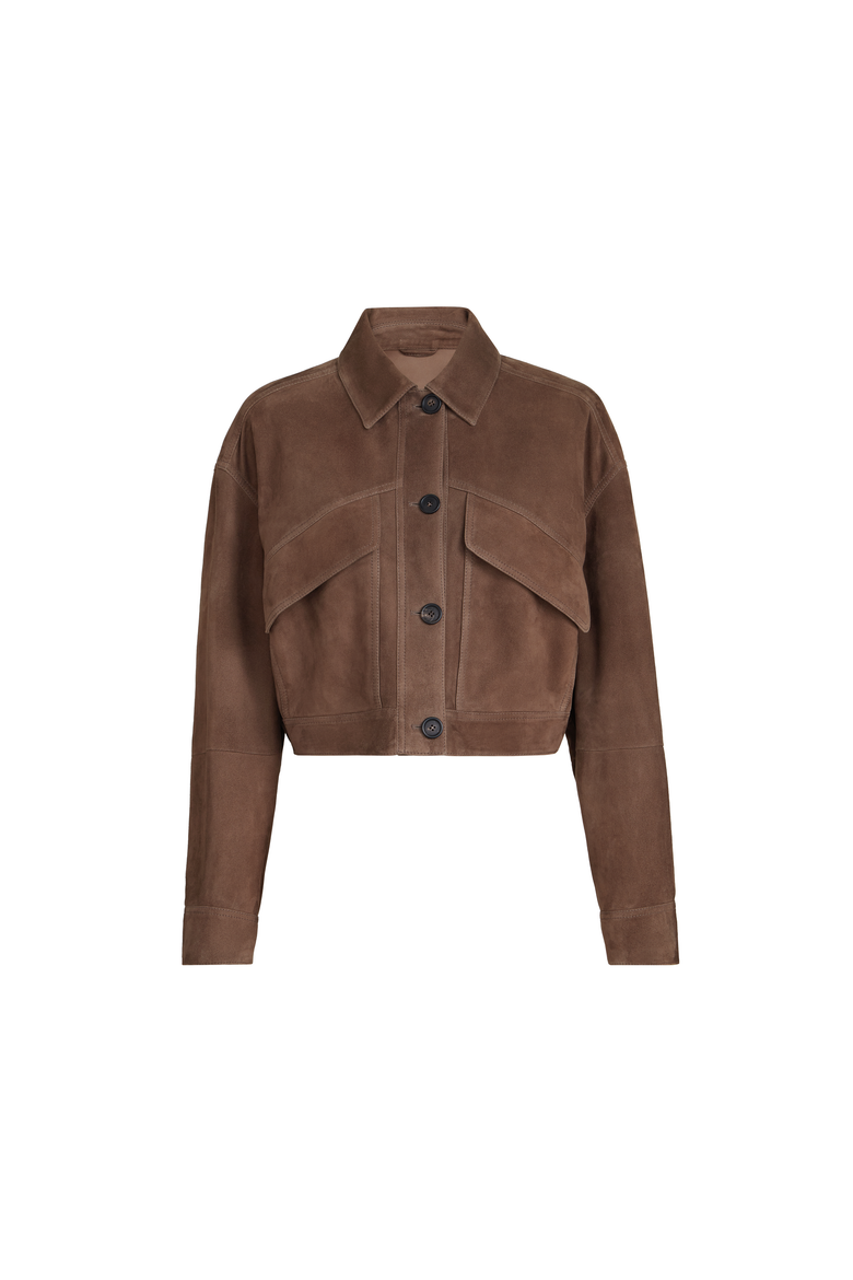 Couture suede cropped outerwear jacket, Alternate, color, Brown