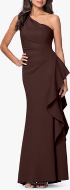Xscape Evenings One-Shoulder Ruffle Scuba Crepe Gown