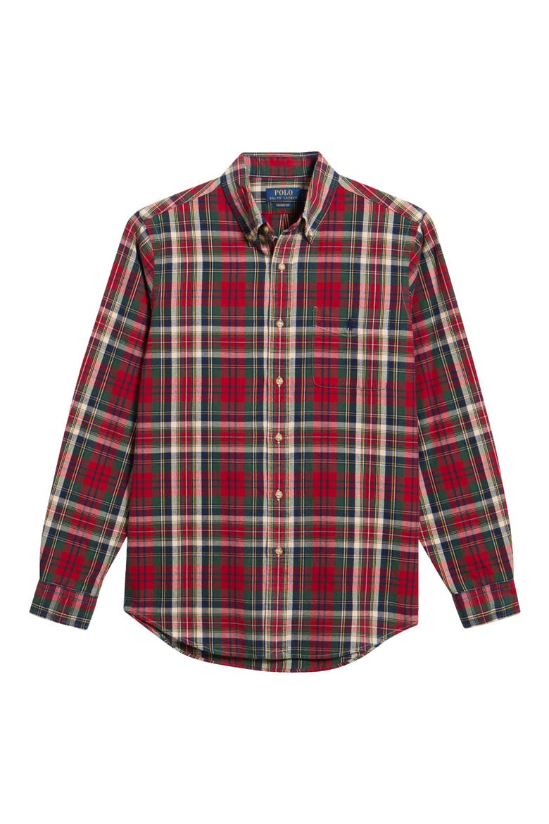 Classic Fit Plaid Brushed Cotton Button-Down Oxford Shirt, Main, color, RED/ GRN