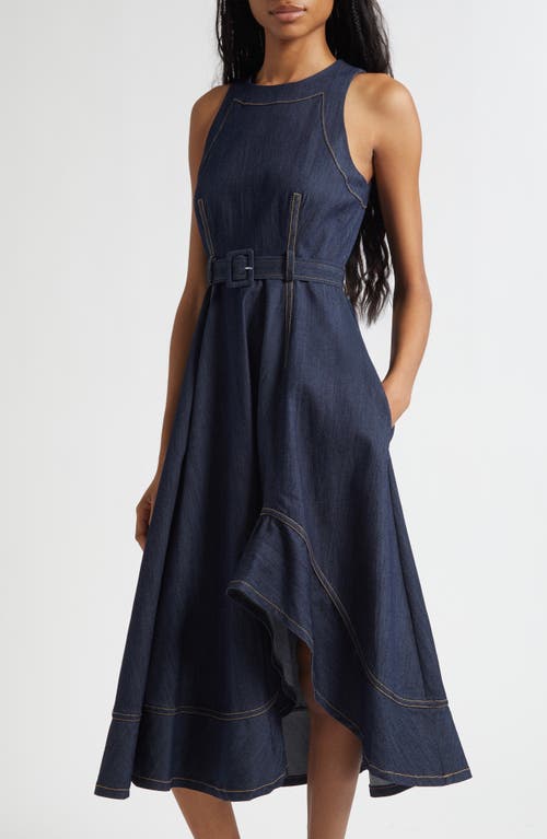 Cinq À Sept Zelda Sleeveless Belted Cotton Blend Denim Dress In Blue