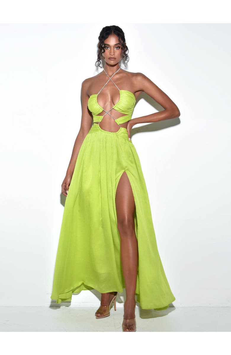 Miss Circle Quinby Chiffon Pleated Lace Up Maxi Dress, Main, color, Lemon