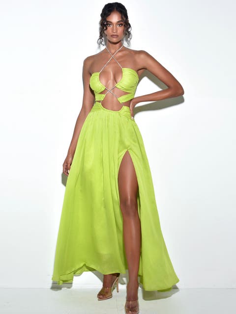 Quinby Chiffon Pleated Lace Up Maxi Dress