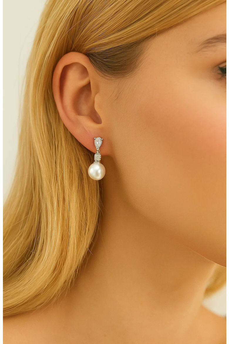 Pearl Drop Earrings with Cubic Zirconia  Accents Earrings, Alternate, color, Silver