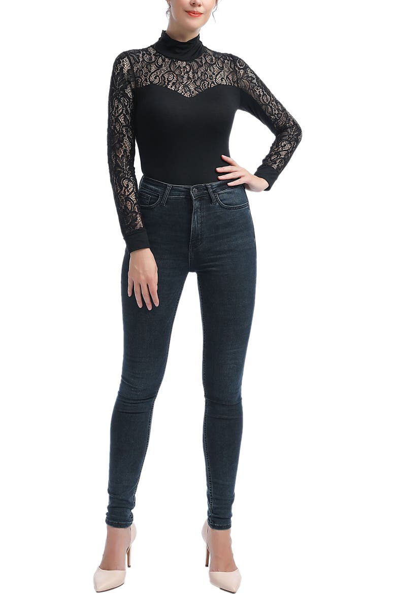 Gem Lace Mock Neck Bodysuit, Alternate, color, Black