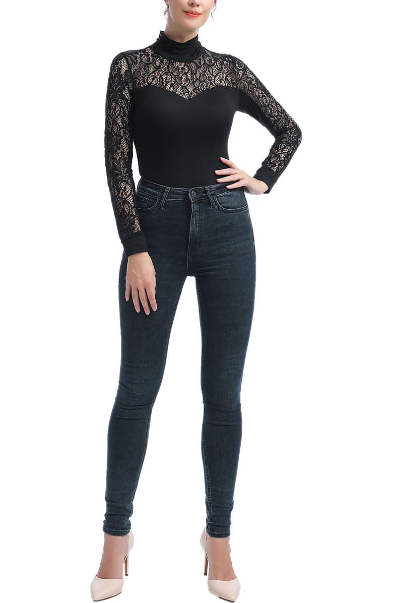 Kimi & Kai Gem Lace Mock Neck Bodysuit, Alternate, color, Black