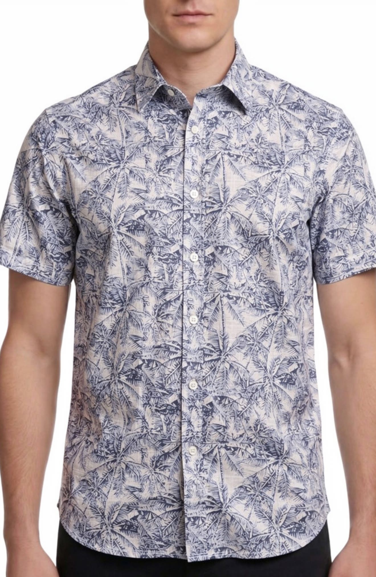 Report Collection Tropical Print Short Sleeve Linen & Cotton Button-Up Shirt