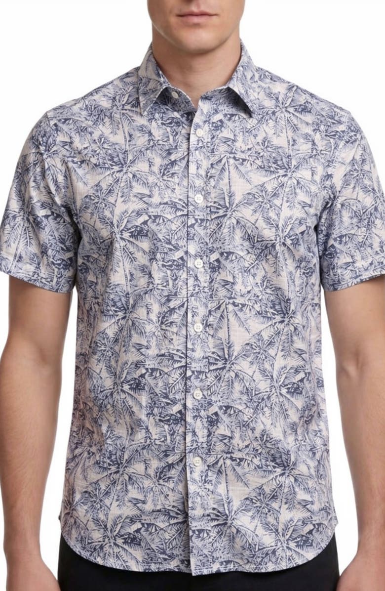 Report Collection Tropical Print Short Sleeve Linen & Cotton Button-Up Shirt, Main, color, White