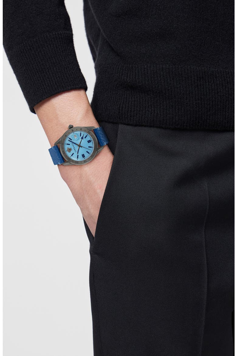 Greca Time Leather Strap Watch, 41mm, Alternate, color, GUN/ BLUE