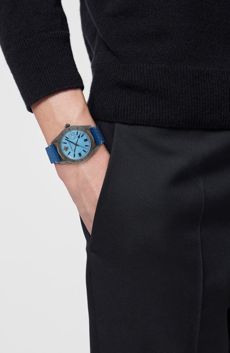 Versace Greca Time Leather Strap Watch, 41mm, Alternate, color, Gun/ Blue