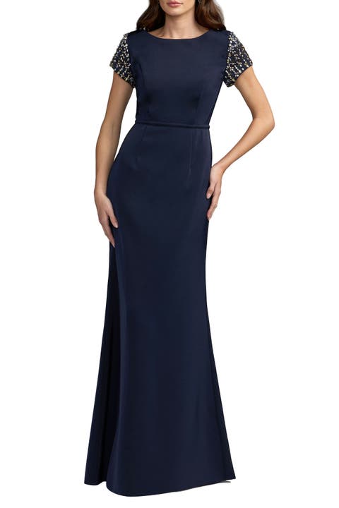 Petite Beaded Cap Sleeve Satin Column Gown