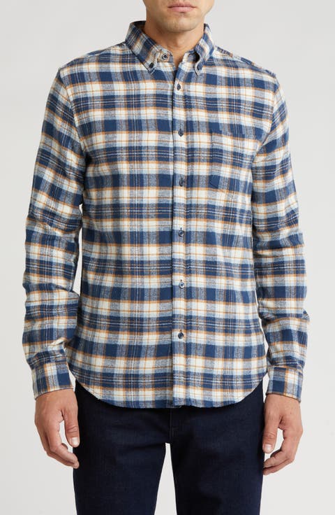Herringbone Plaid Flannel Button-Up Shirt