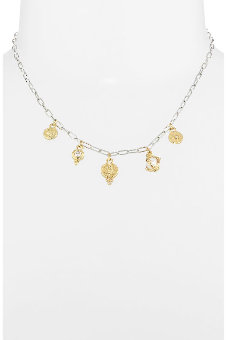 Two-Tone Cubic Zirconia & Cultured Pearl Coin Charm Necklace, Alternate, color, CLEAR- GOLD- SILVER