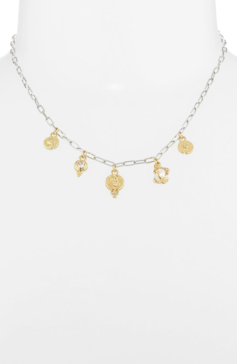 Leith Two-Tone Cubic Zirconia & Cultured Pearl Coin Charm Necklace, Alternate, color, Clear- Gold- Silver