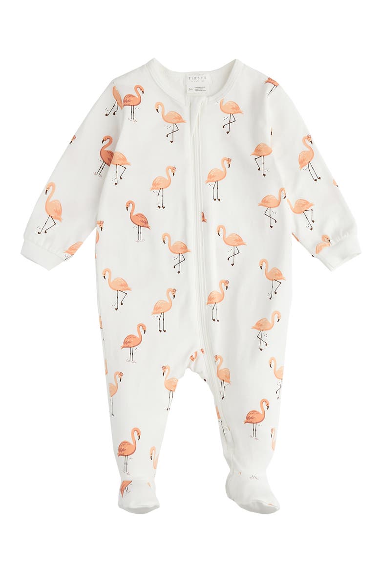 Flamingo Print Stretch Organic Cotton Footie Pajamas, Main, color, OFF WHITE