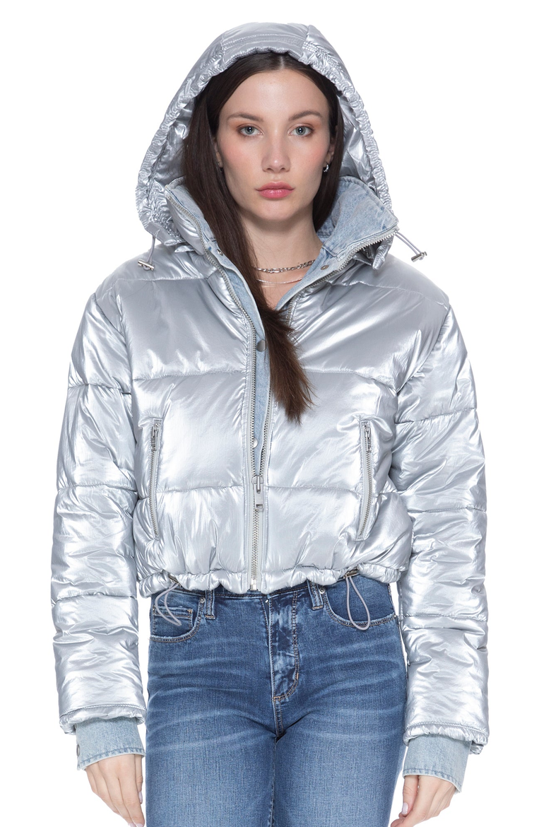In The Mix Denim Shiny Puffer Jacket, Main, color, Metallic Silver