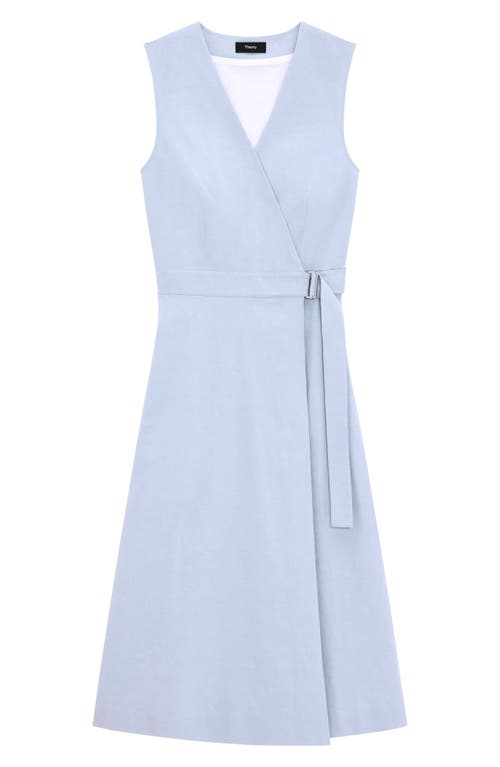 Theory A-line Crunch Linen Wrap Dress In Pearl Blue