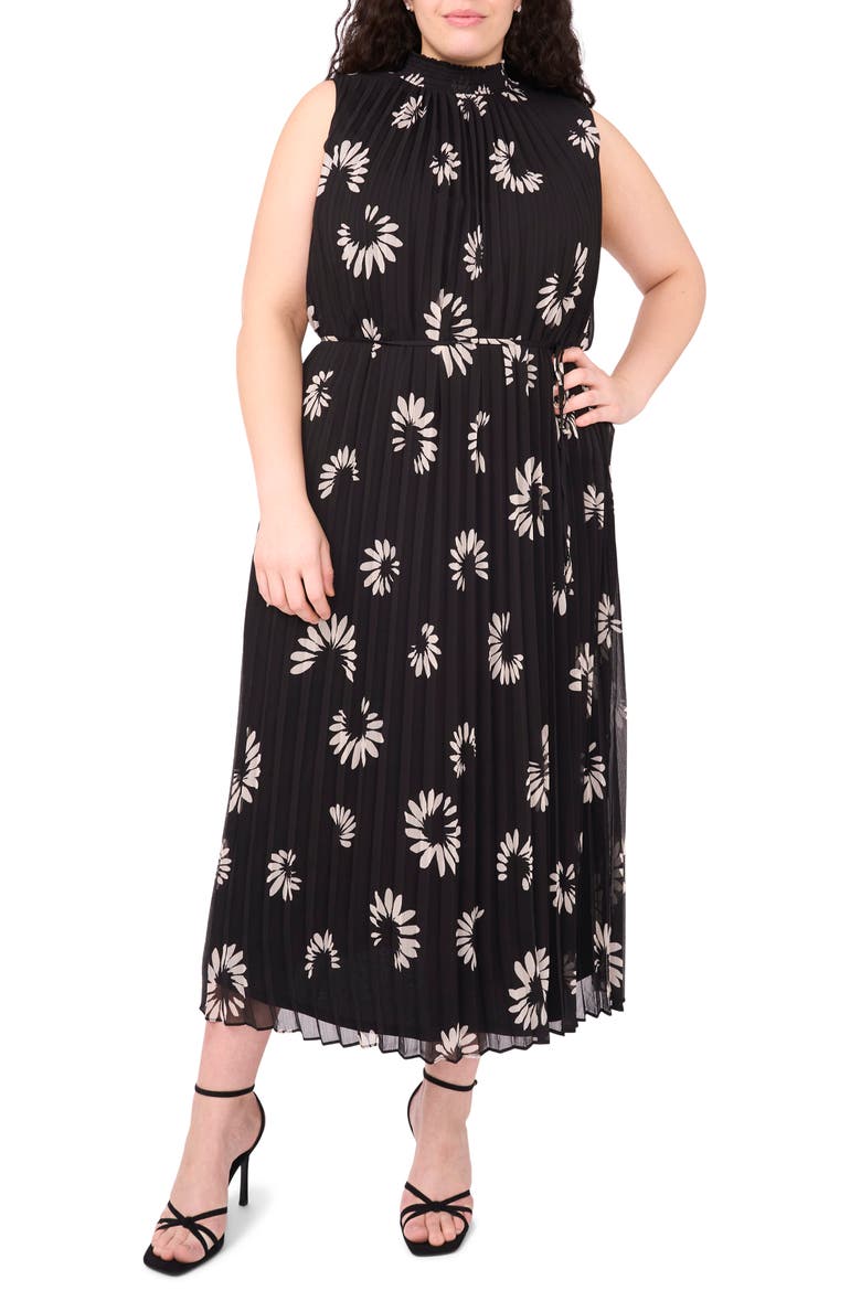 Daisy Print Sleeveless Pleated Maxi Dress, Main, color, RICH BLACK 060