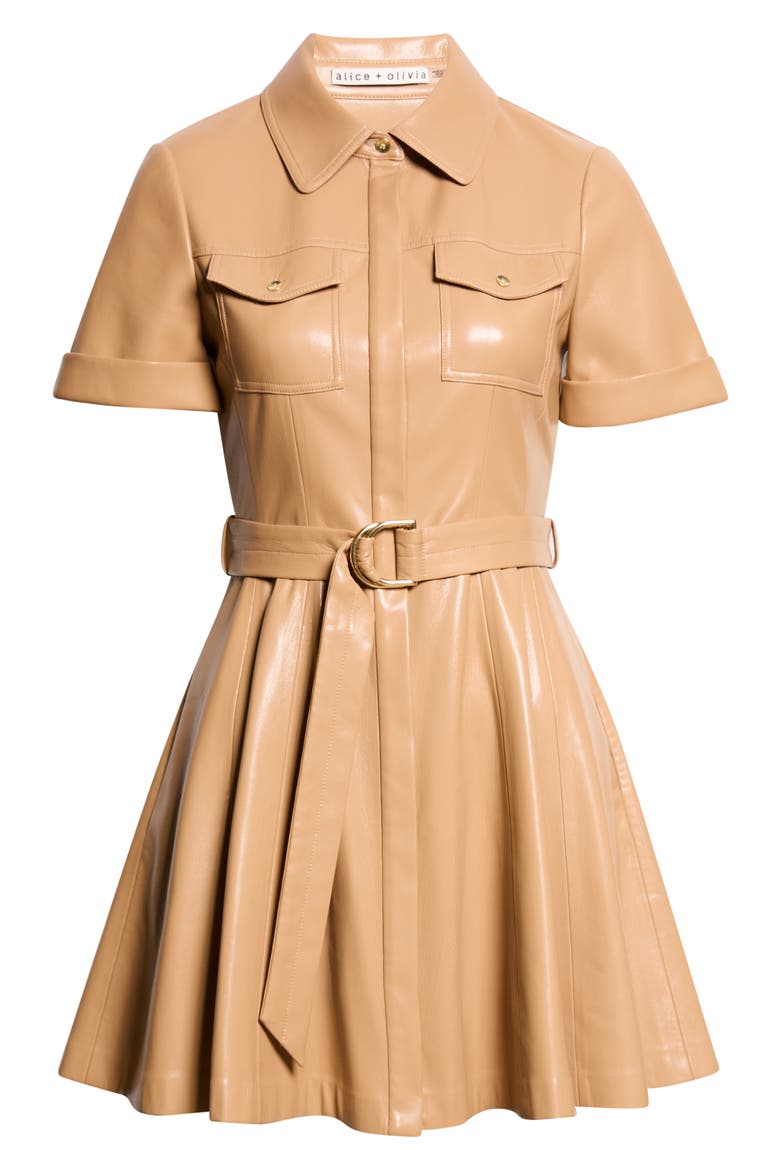 Lucy Faux Leather Mini Shirtdress, Main, color, TAN