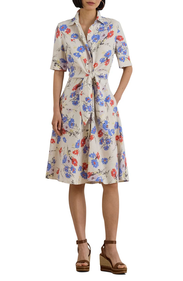 Lauren Ralph Lauren Floral Linen Shirtdress, Main, color, Cream Multi
