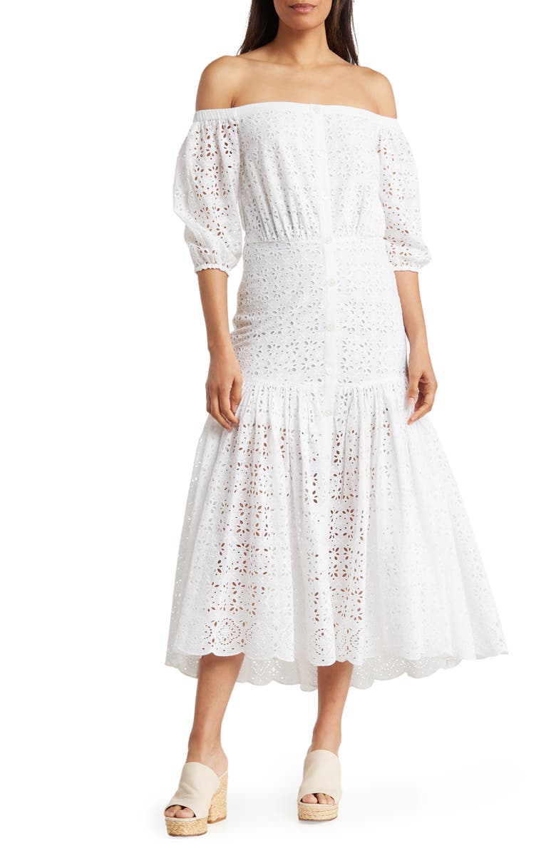 Veronica Beard Cali Off the Shoulder Eyelet Cotton Midi Dress, Main, color, 