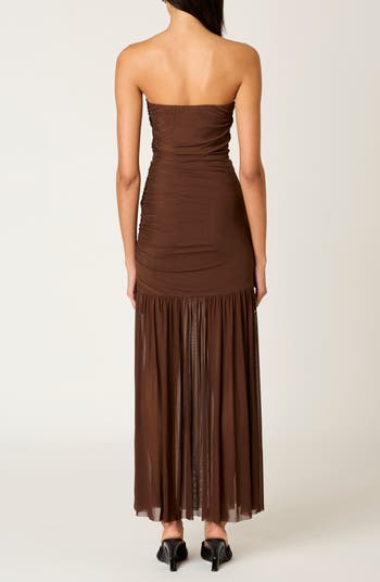 Nola Shirred Strapless Mesh Maxi Dress