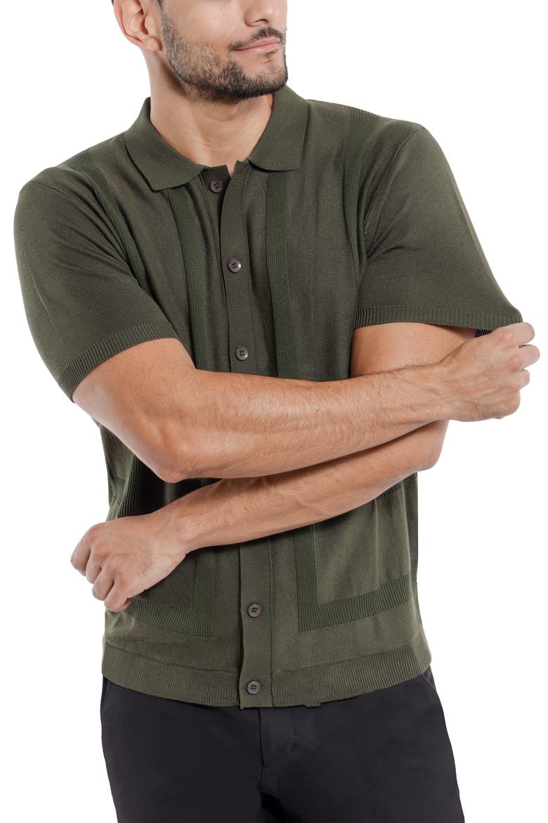 Textured Short Sleeve Button-Up Sweater, Alternate, color, OLIVE