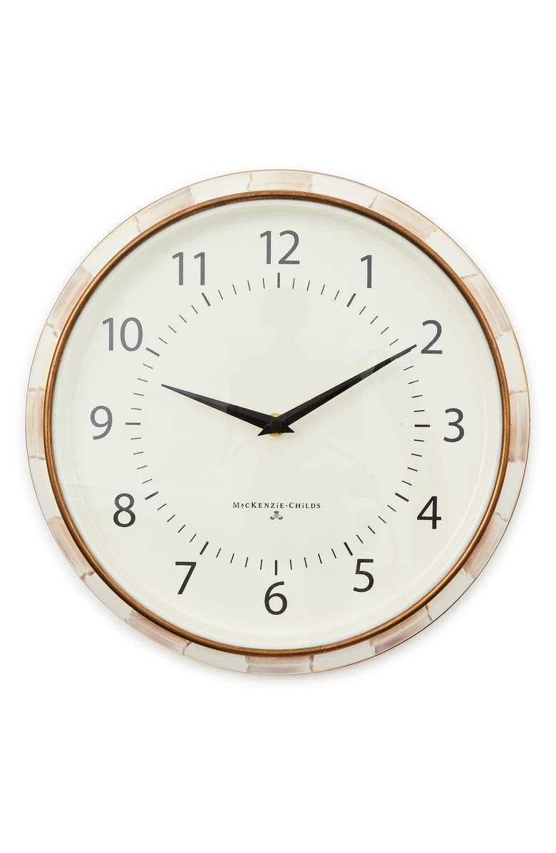 MACKENZIE CHILDS Mocha Check Enameled Steel School Wall Clock, Main, color, Mocha