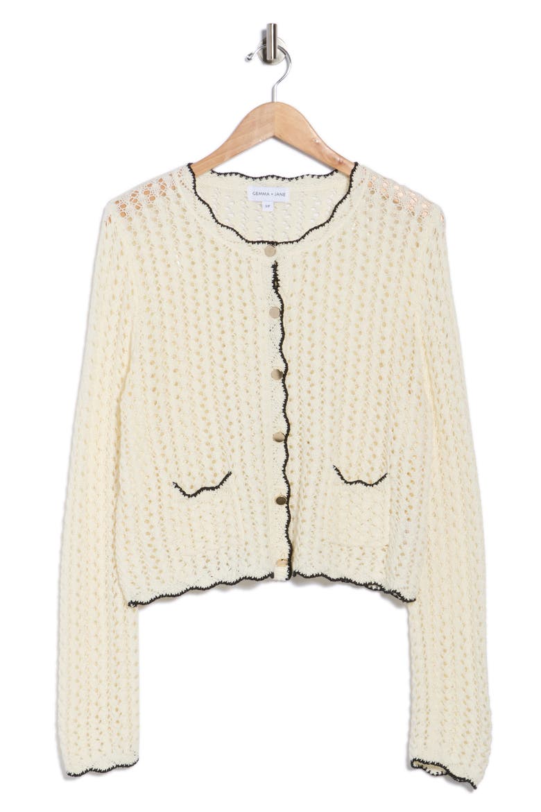 Scallop Edge Open Stitch Cardigan, Alternate, color, IVORY/ BLACK