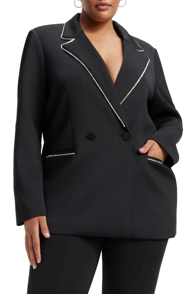 Good American Crystal Embellished Double Breasted Scuba Blazer, Alternate, color, Black001