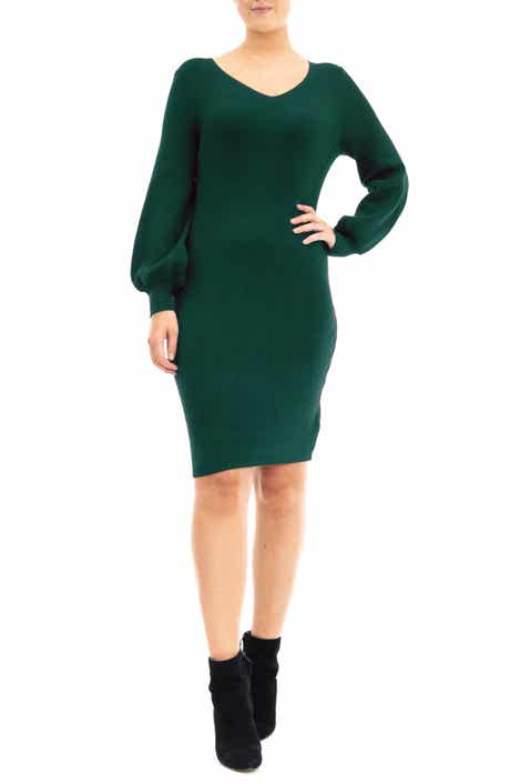 Nina Leonard V-Neck Balloon Sleeve Sweater Dress