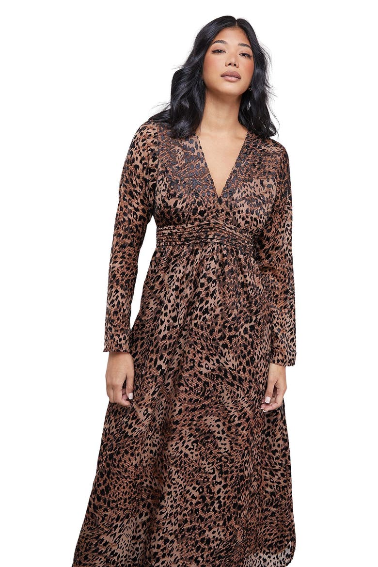 Plunge Neck Waisted Midi Dress, Alternate, color, Animal
