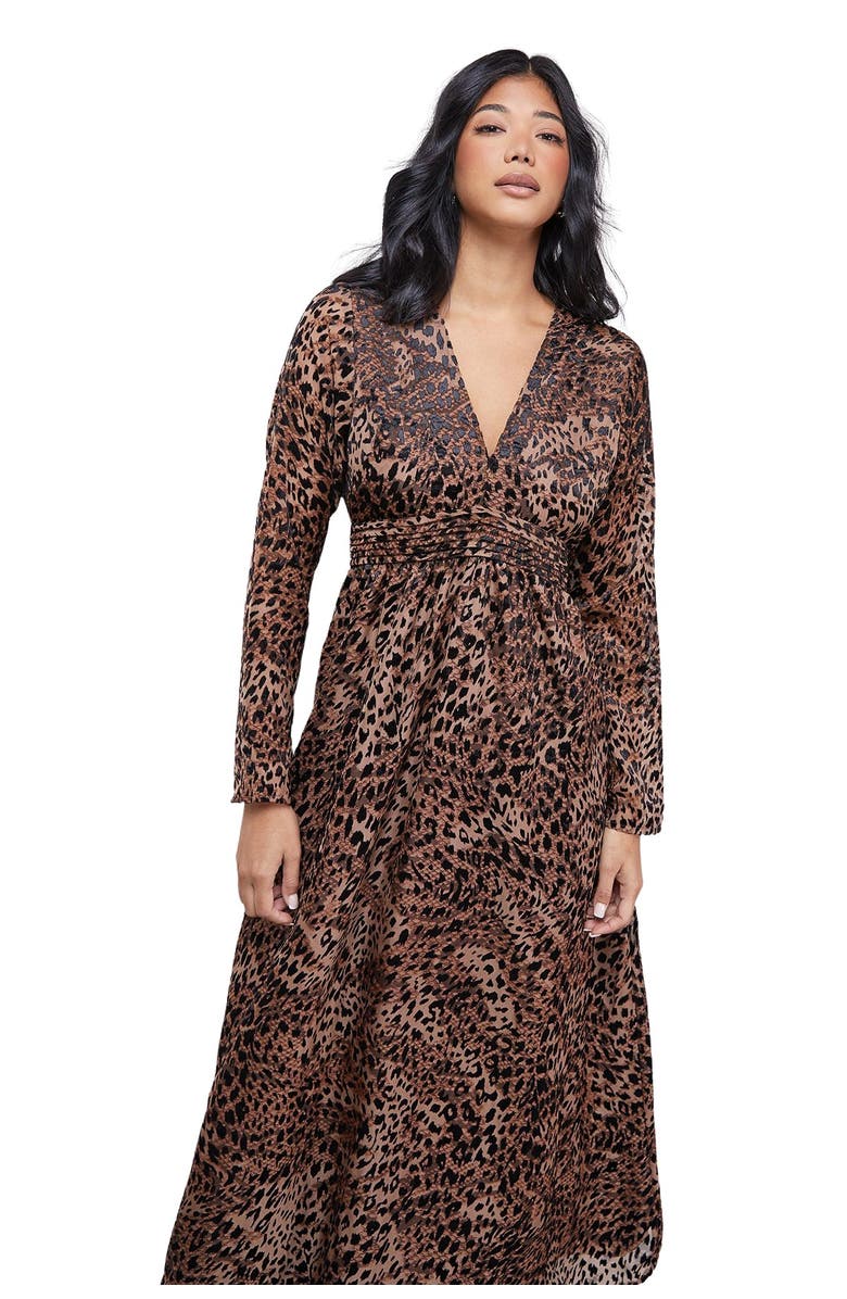 Warehouse Plunge Neck Waisted Midi Dress, Alternate, color, Animal