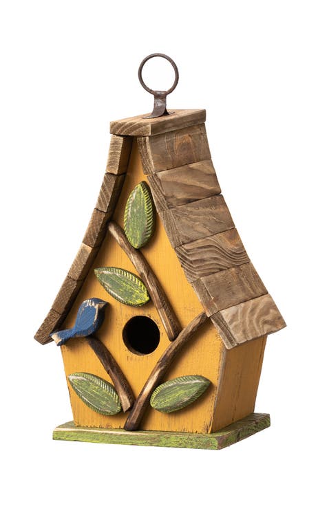 9.5"H Distressed Solid Wood Birdhouse with 3D Leaves