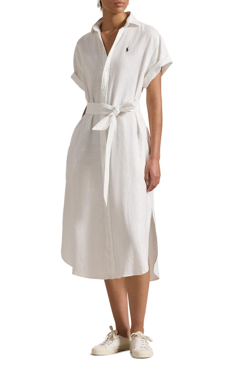 Polo Ralph Lauren Short Sleeve Belted Linen Shirtdress, Main, color, 