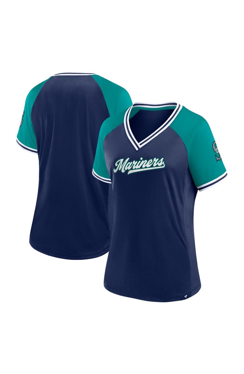 FANATICS Women's Fanatics Branded Navy Seattle Mariners Glitz & Glam League Diva Raglan V-Neck T-Shirt, Main, color,