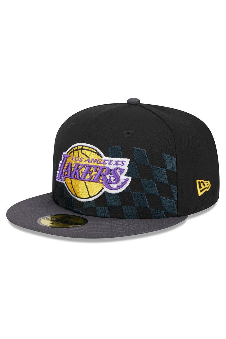 Men's New Era Black Los Angeles Lakers  Rally Drive Checkerboard 59FIFTY Crown Fitted Hat, Alternate, color, Black