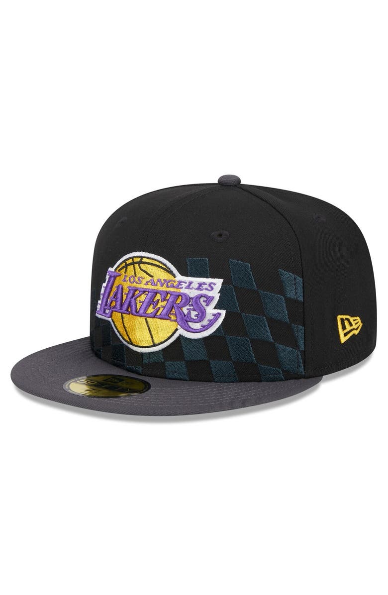 New Era Men's New Era Black Los Angeles Lakers Rally Drive Checkerboard 59FIFTY Crown Fitted Hat, Alternate, color, Black