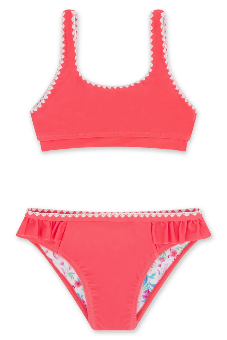 Kids' 4 The Frill of It Whipstitch Trim UPF 50+ Two-Piece Swimsuit, Main, color, CORAL SUN