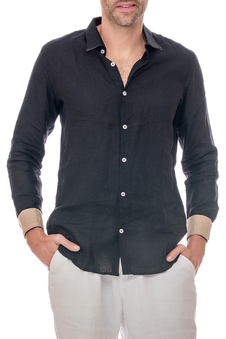 Linen Button-Up Shirt, Main, color, BLACK