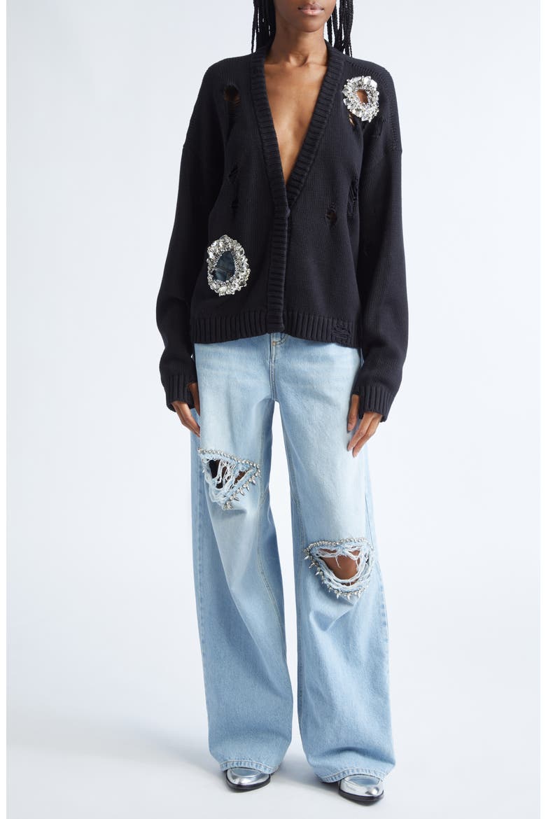 Distressed Crystal Cotton & Cashmere Cardigan, Alternate, color, BLACK