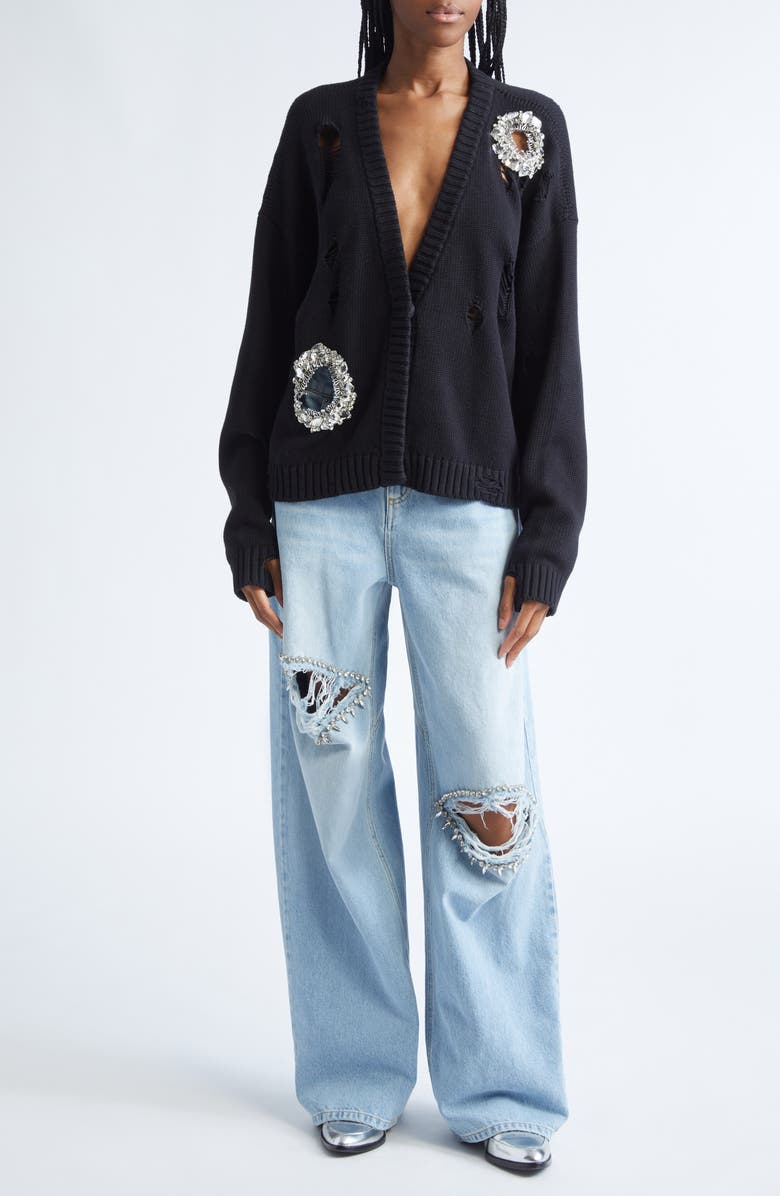 Area Distressed Crystal Cotton & Cashmere Cardigan, Alternate, color, Black