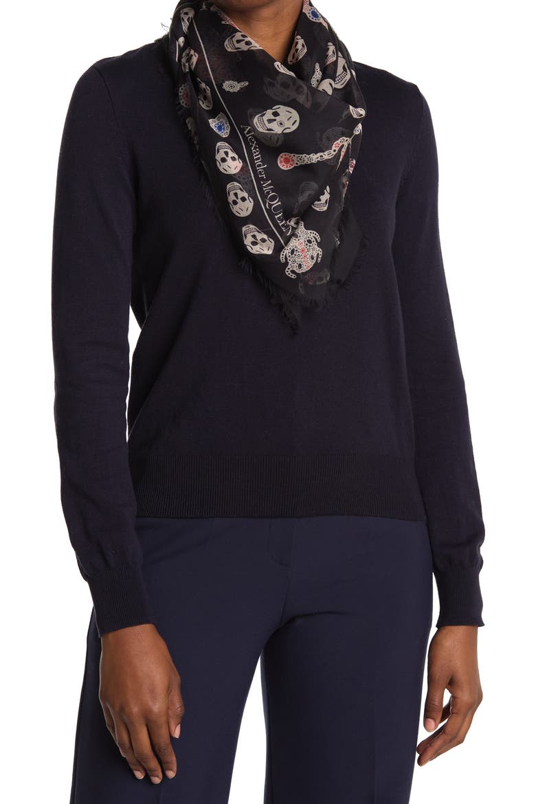Alexander McQueen Classic Seasonal Jewelled Skull & Spider Print Scarf, Main, color, BLACK IVORY