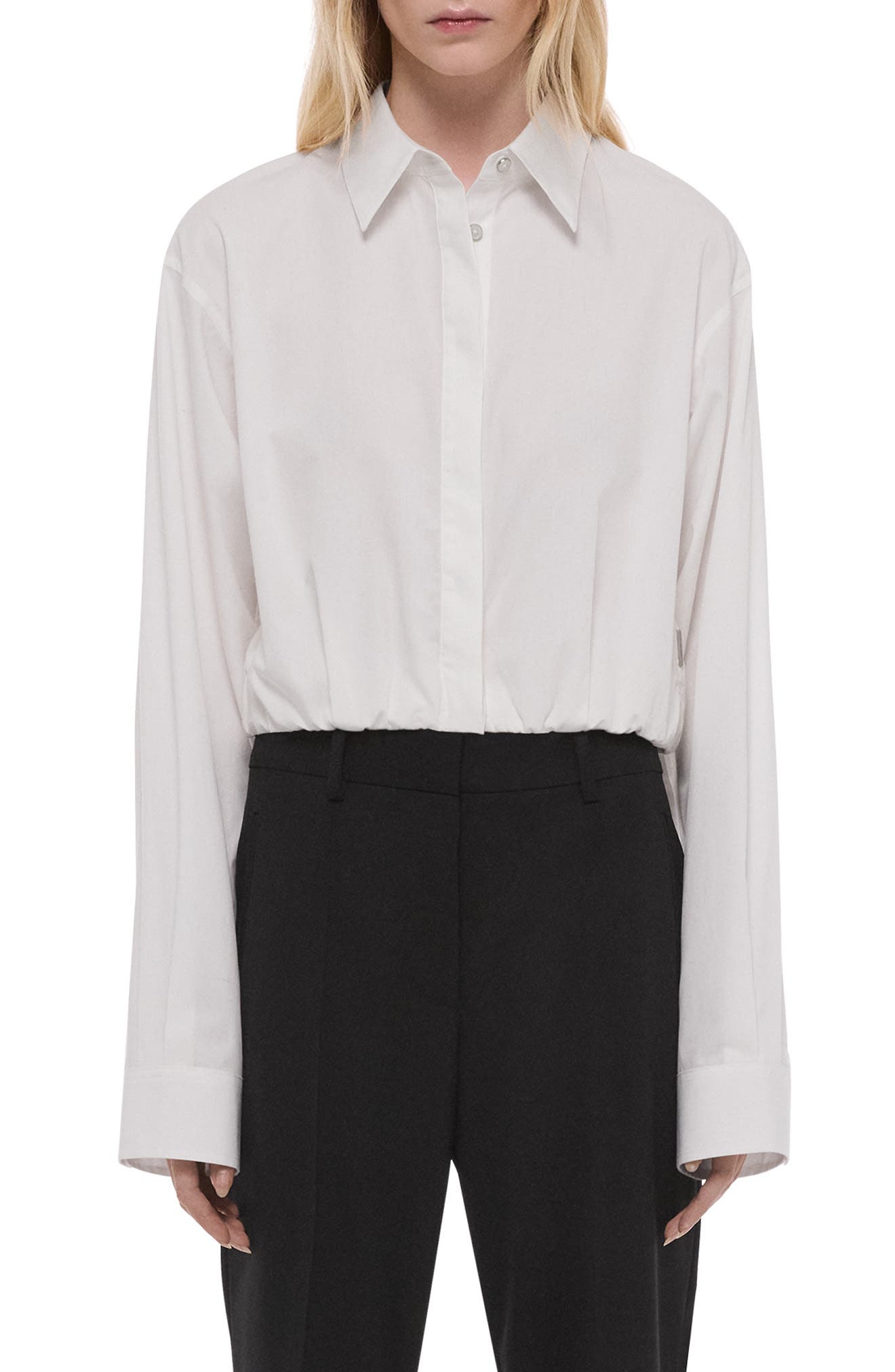 Crop Gathered Long Sleeve Cotton Shirt