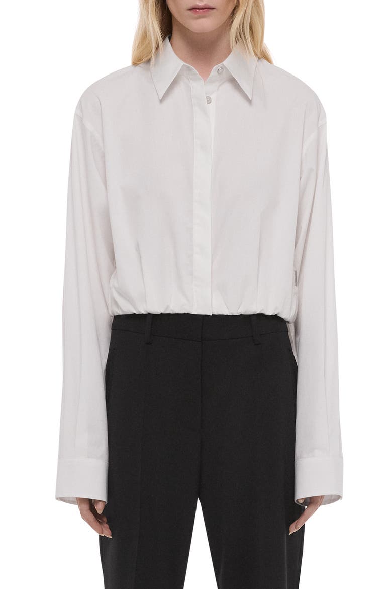 Crop Gathered Long Sleeve Cotton Shirt, Main, color, WHITE