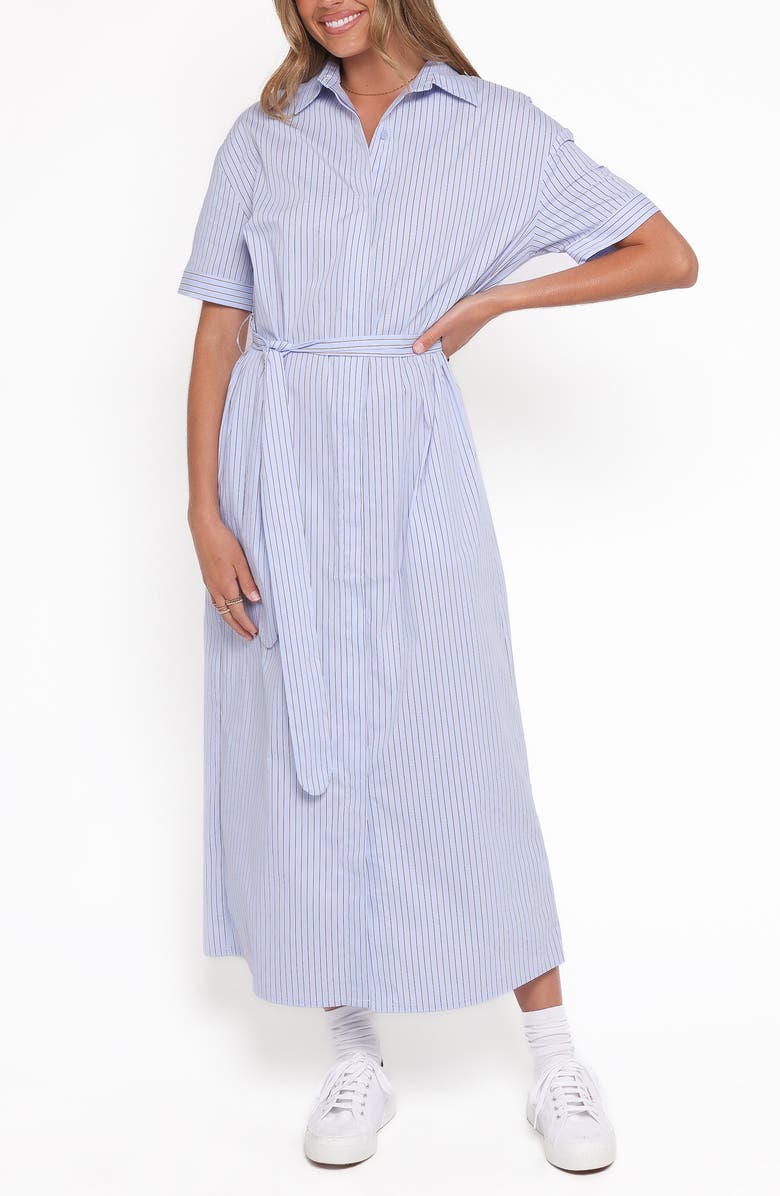 Petal & Pup Morrison Short Sleeve Shirtdress, Main, color, Blue Brown Stripe