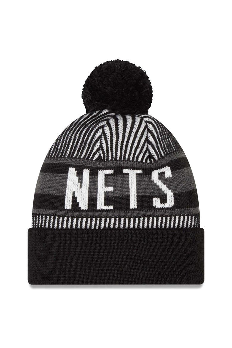 Men's New Era Black Brooklyn Nets Striped Cuffed Pom Knit Hat, Alternate, color, Black
