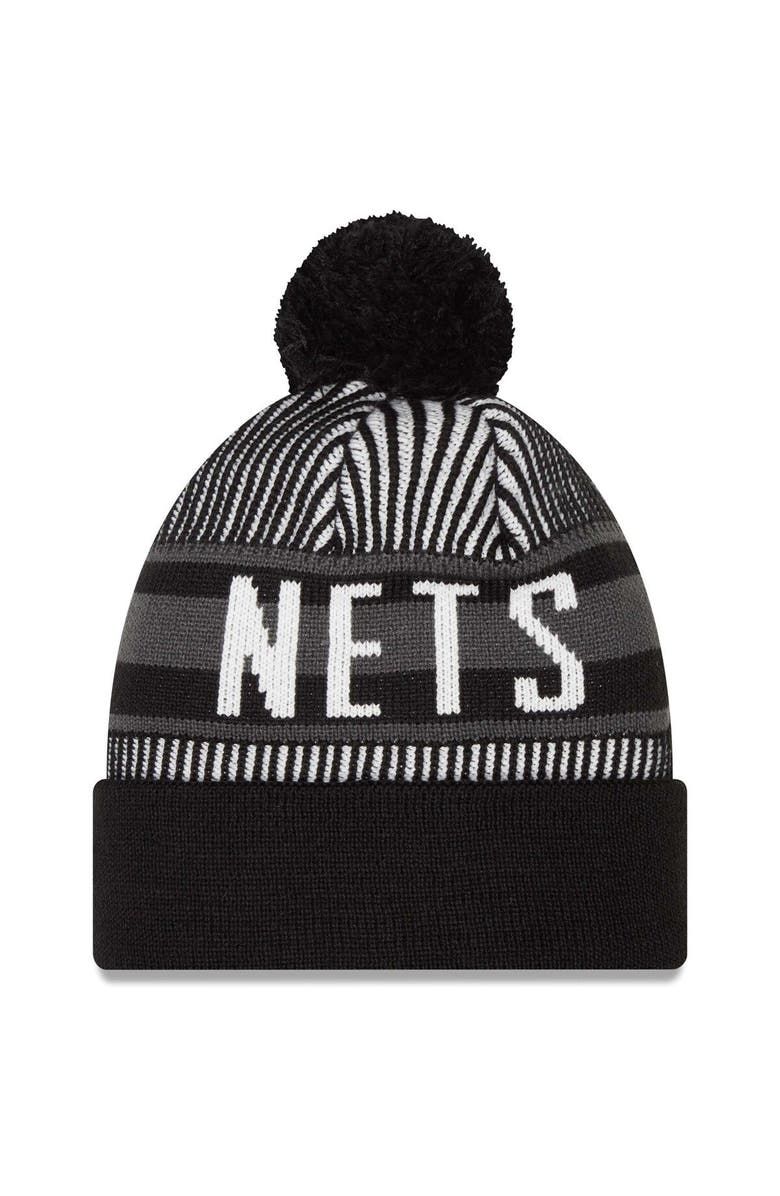 New Era Men's New Era Black Brooklyn Nets Striped Cuffed Pom Knit Hat, Alternate, color, 