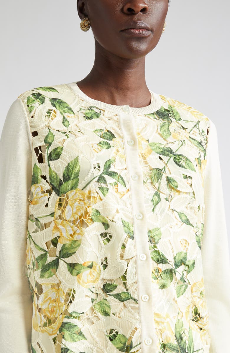 Oscar de la Renta Garden Rose Print Mixed Media Cardigan, Alternate, color,